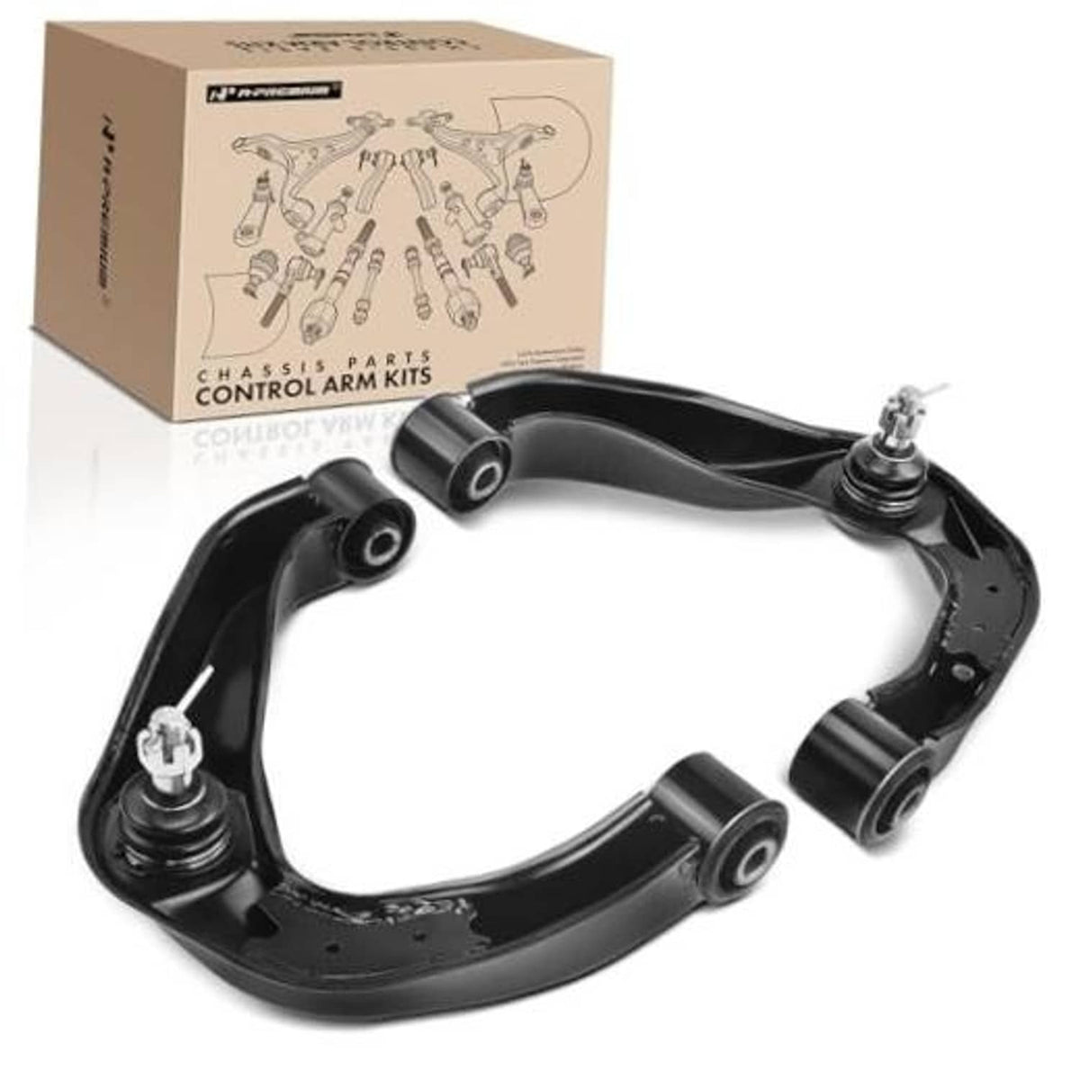 Pair of black front upper control arms with ball joints and bushings, curved steel frame