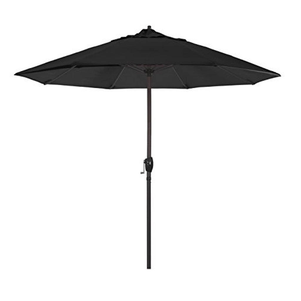 Black outdoor patio umbrella with closed canopy and tall straight pole