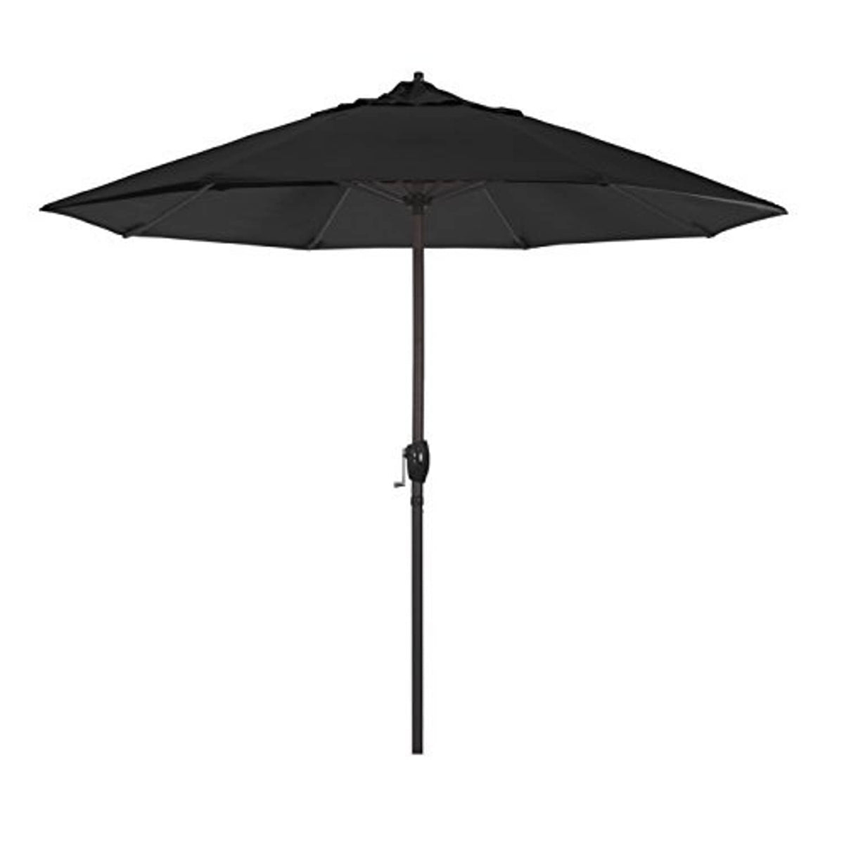 Black outdoor patio umbrella with closed canopy and tall straight pole