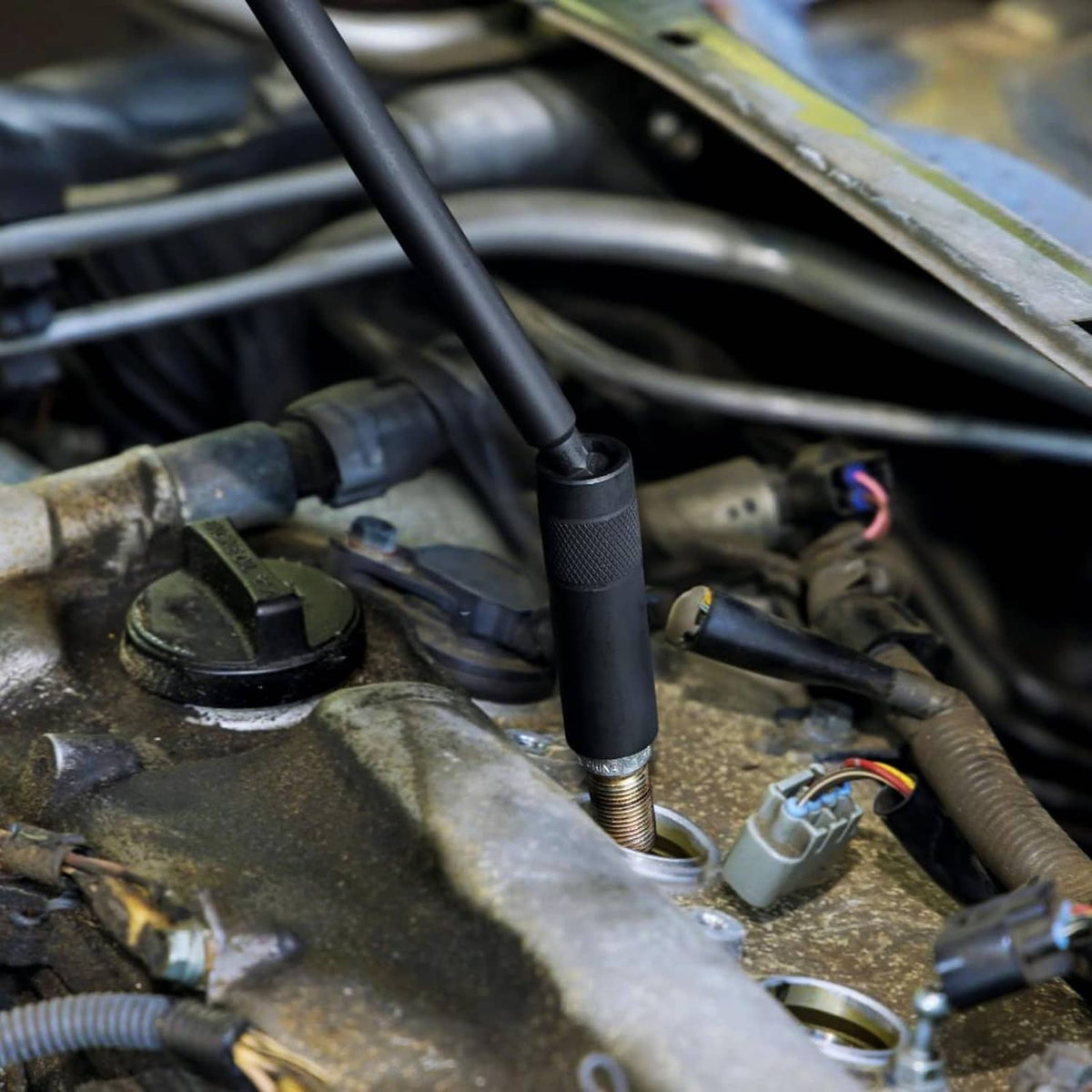 Spark plug socket seated on a spark plug with magnetic swivel 3/8-inch drive
