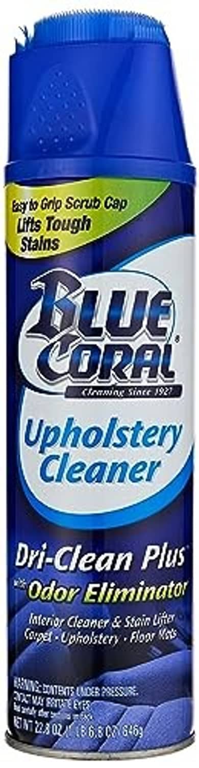 Blue Coral upholstery cleaner spray can, Dri-Clean Plus odor eliminator label