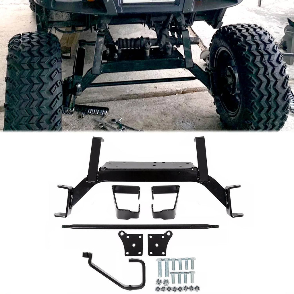 Golf cart axle lift kit with black brackets, lift arms, and hardware bolts