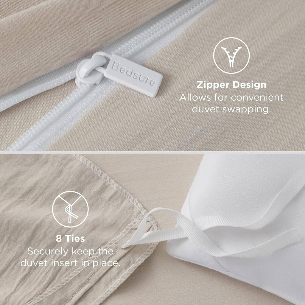 Light beige duvet cover detail: zipper closure and tie fasteners