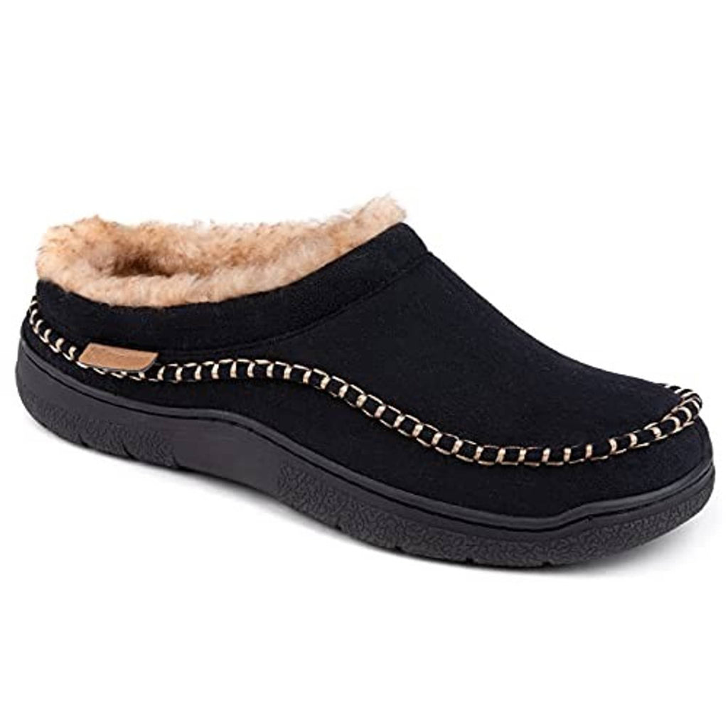 Black fuzzy moccasin slipper with plush collar and chain-stitched side trim