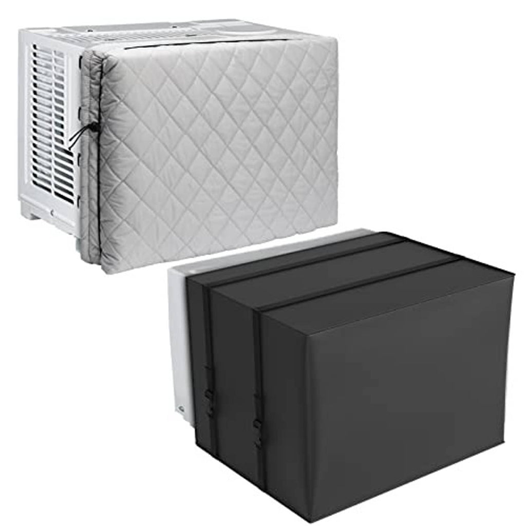 Quilted window AC covers, light gray and black with front cinch cords for secure fit.