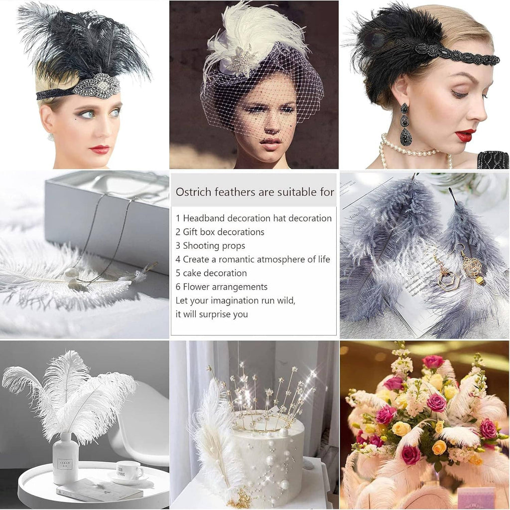 White ostrich feather decorative pieces shown in multiple craft and accessory setups