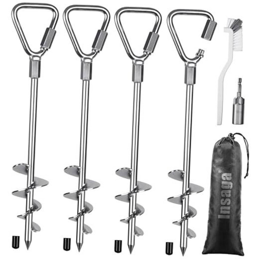 Chrome screw-in ground anchors four-pack with U-loop tops and spiral spike tips.
