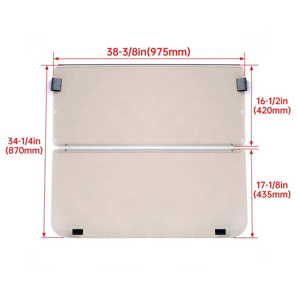 Folding tinted windshield dimensions diagram with labeled width and height measurements