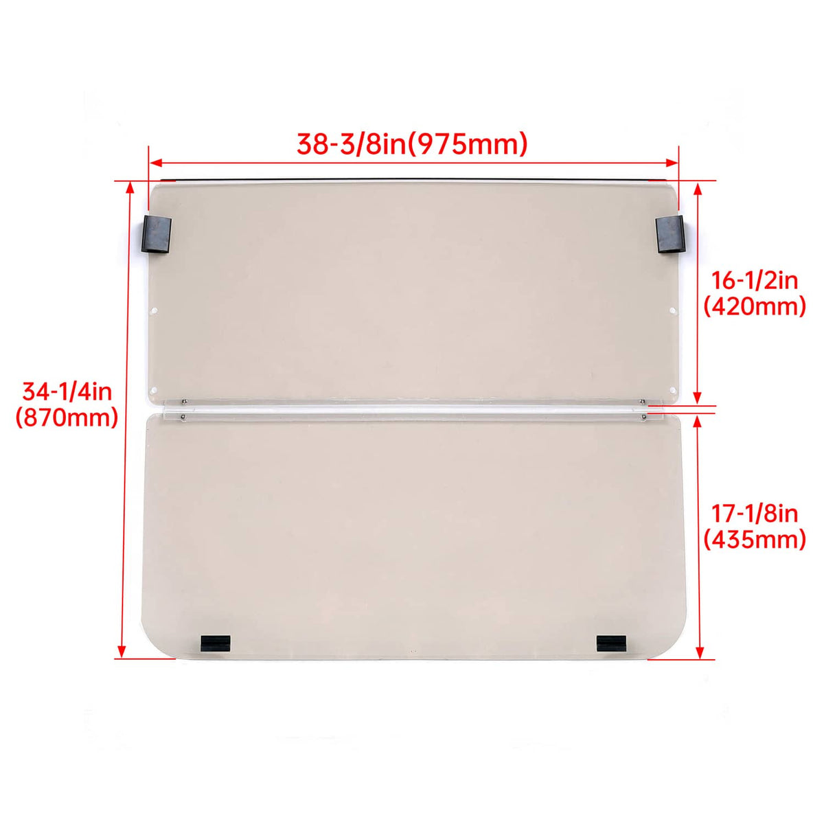 Folding tinted windshield dimensions diagram with labeled width and height measurements
