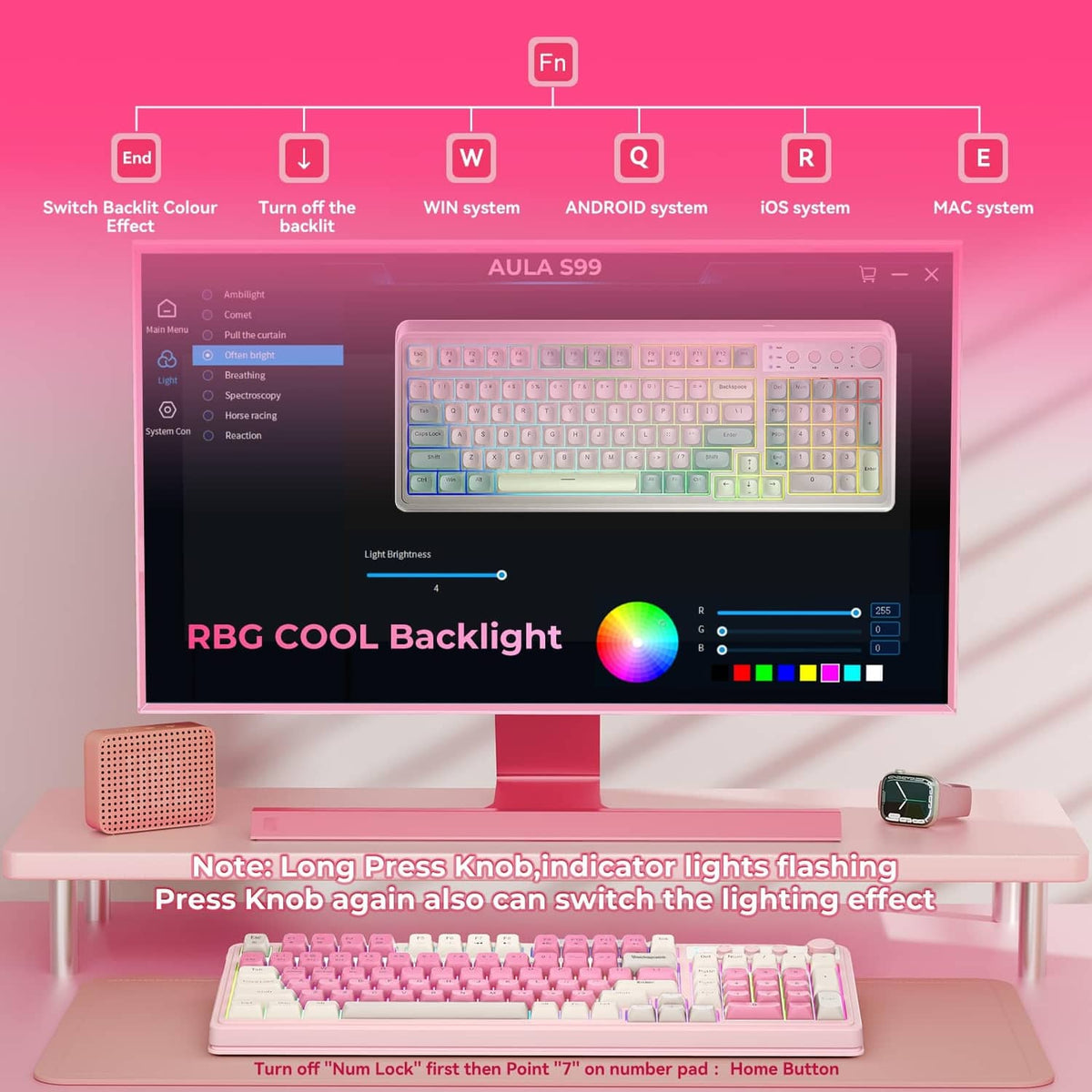 AULA S99 gaming keyboard with RGB backlit pink keys and detachable wrist rest
