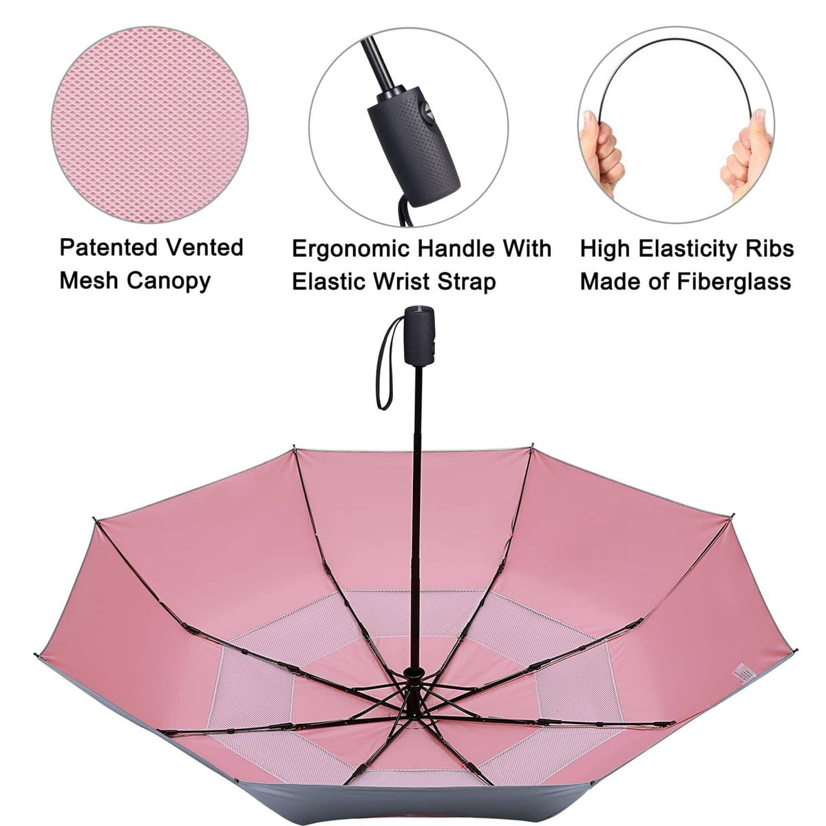 Pink and silver vented mesh umbrella with ergonomic handle and elastic wrist strap