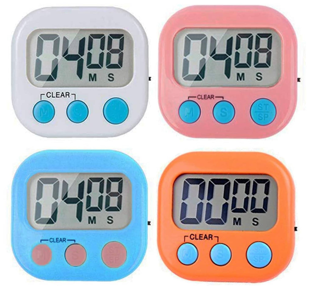 Digital kitchen timer set with large LCD and loud alarm; four colors: white, pink, blue, orange.