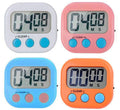 Digital kitchen timer set with large LCD and loud alarm; four colors: white, pink, blue, orange.