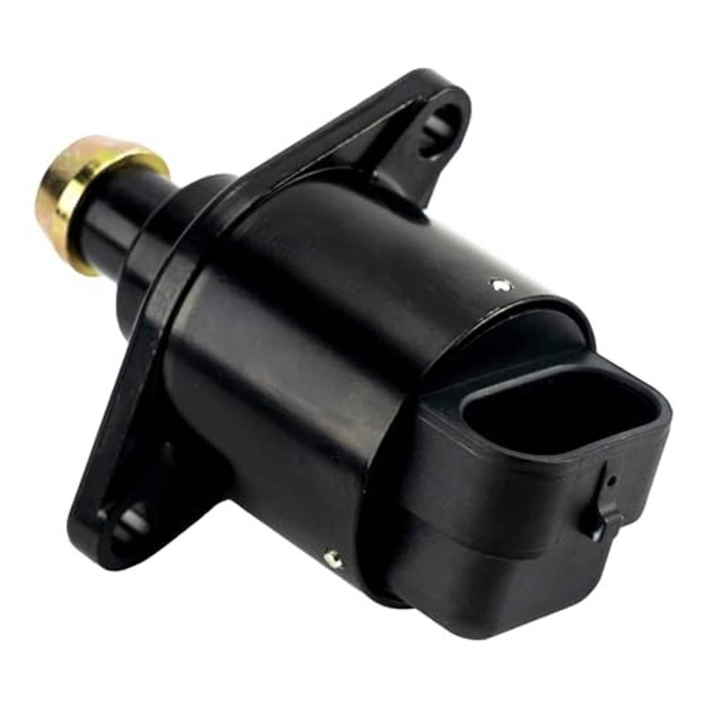 Idle air control valve with black body, brass inlet fitting, and mounting bracket ears