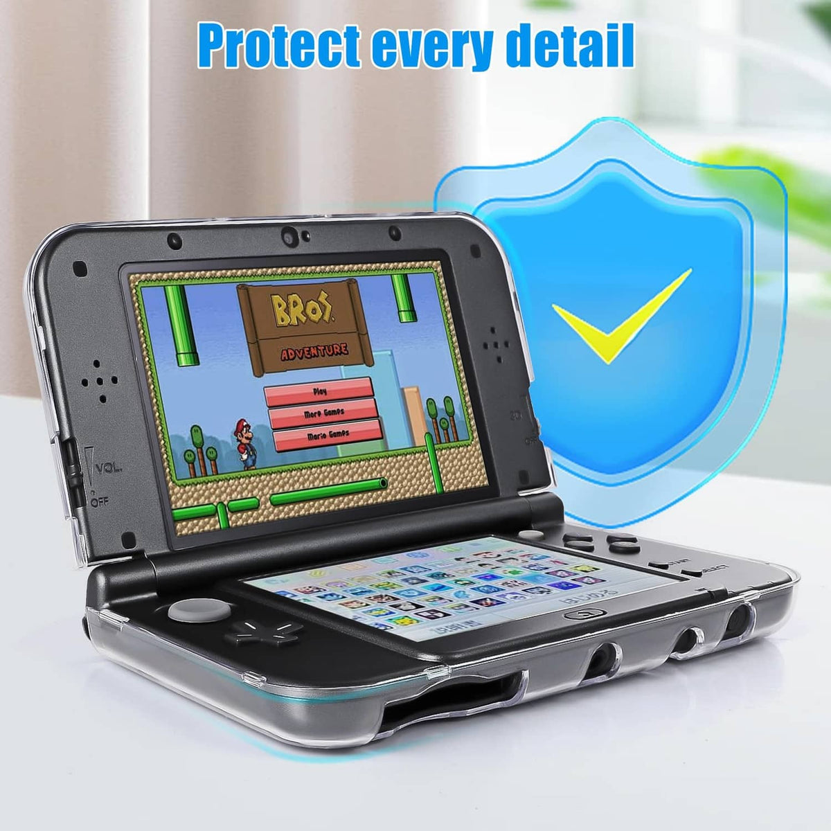Transparent hard shell case fitted to a New Nintendo 3DS XL for protection