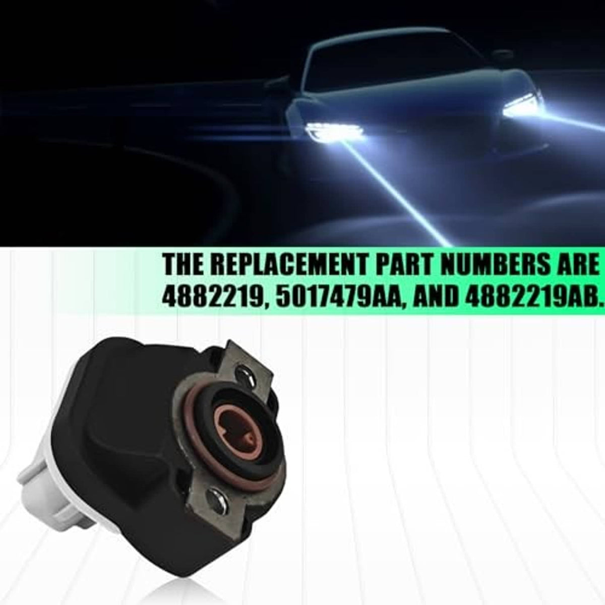 Throttle position sensor with black body and copper-colored electrical socket, side view