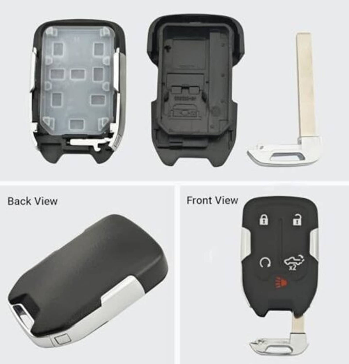 Smart key fob shell cover shown open, with front and back housing pieces