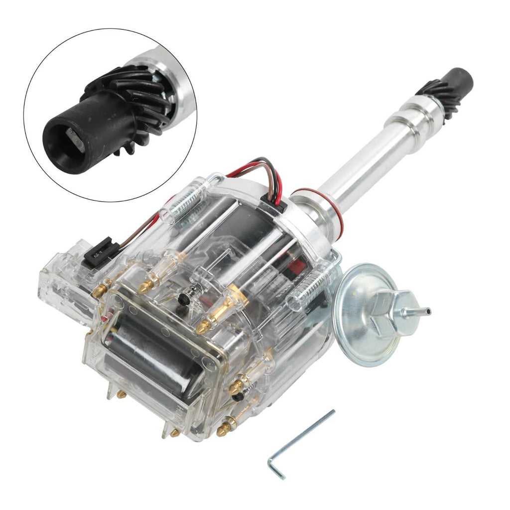 HEI distributor with clear cap, chrome shaft, and vacuum advance canister