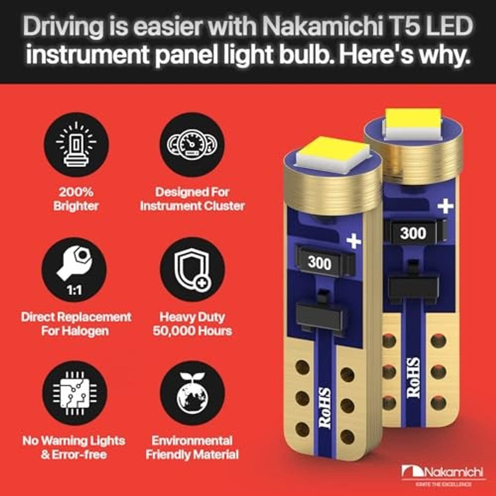 Nakamichi T5 LED instrument bulb product infographic with brightness and replacement icons