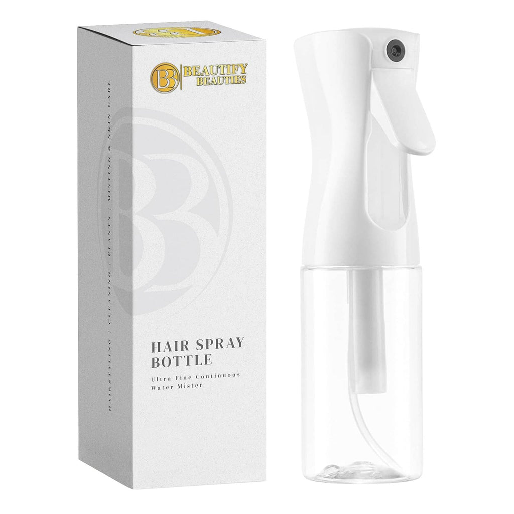 White continuous mist hair spray bottle with trigger nozzle, shown with retail box