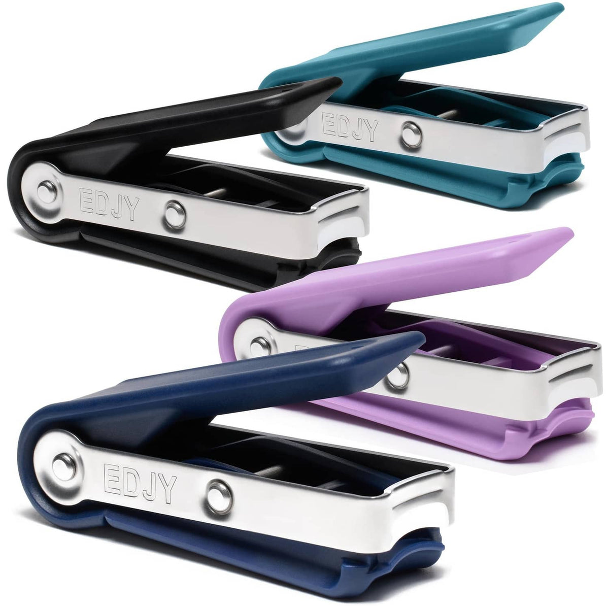 Fingernail cutter 4-pack with teal, black, purple, and navy handles and metal blades