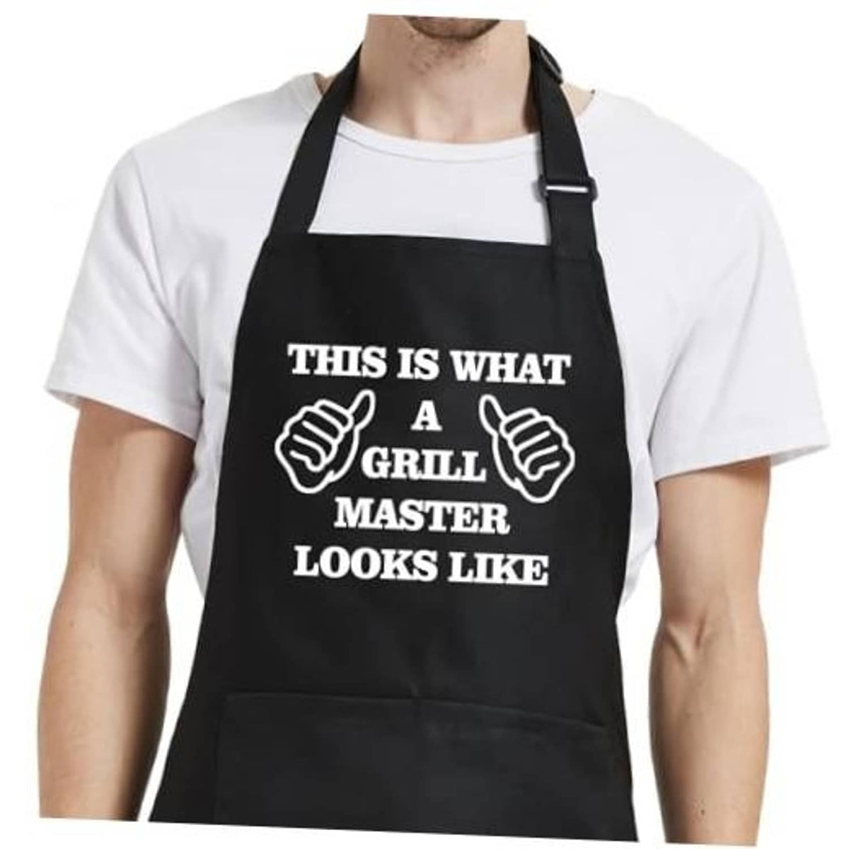 Black grilling apron with adjustable neck strap and white “Grill Master” graphic text