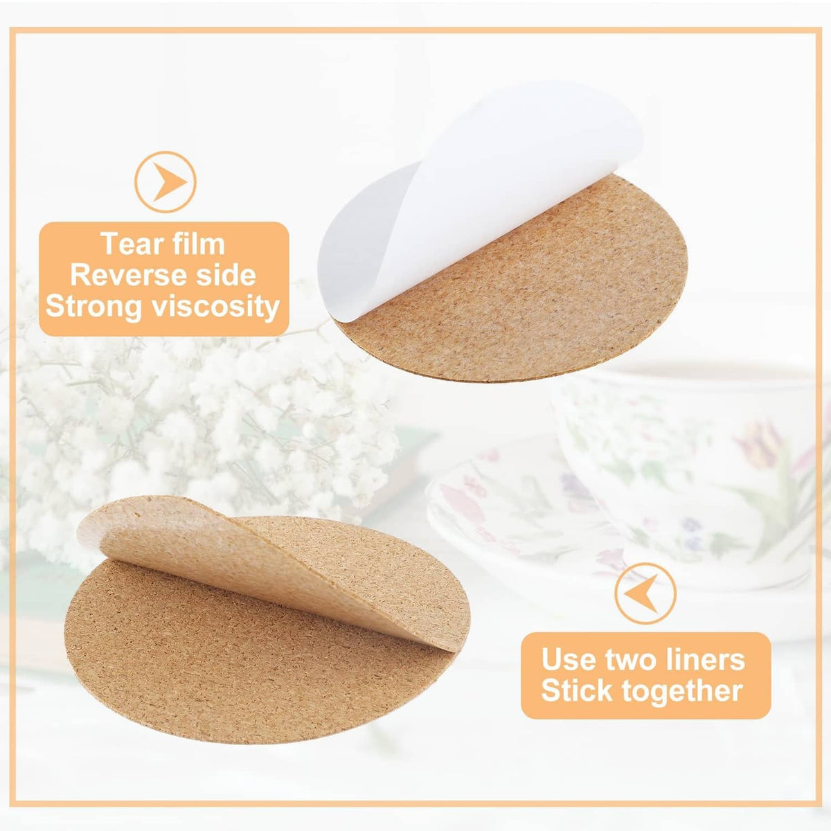 Self-adhesive cork round sheets with two layers and removable backing film