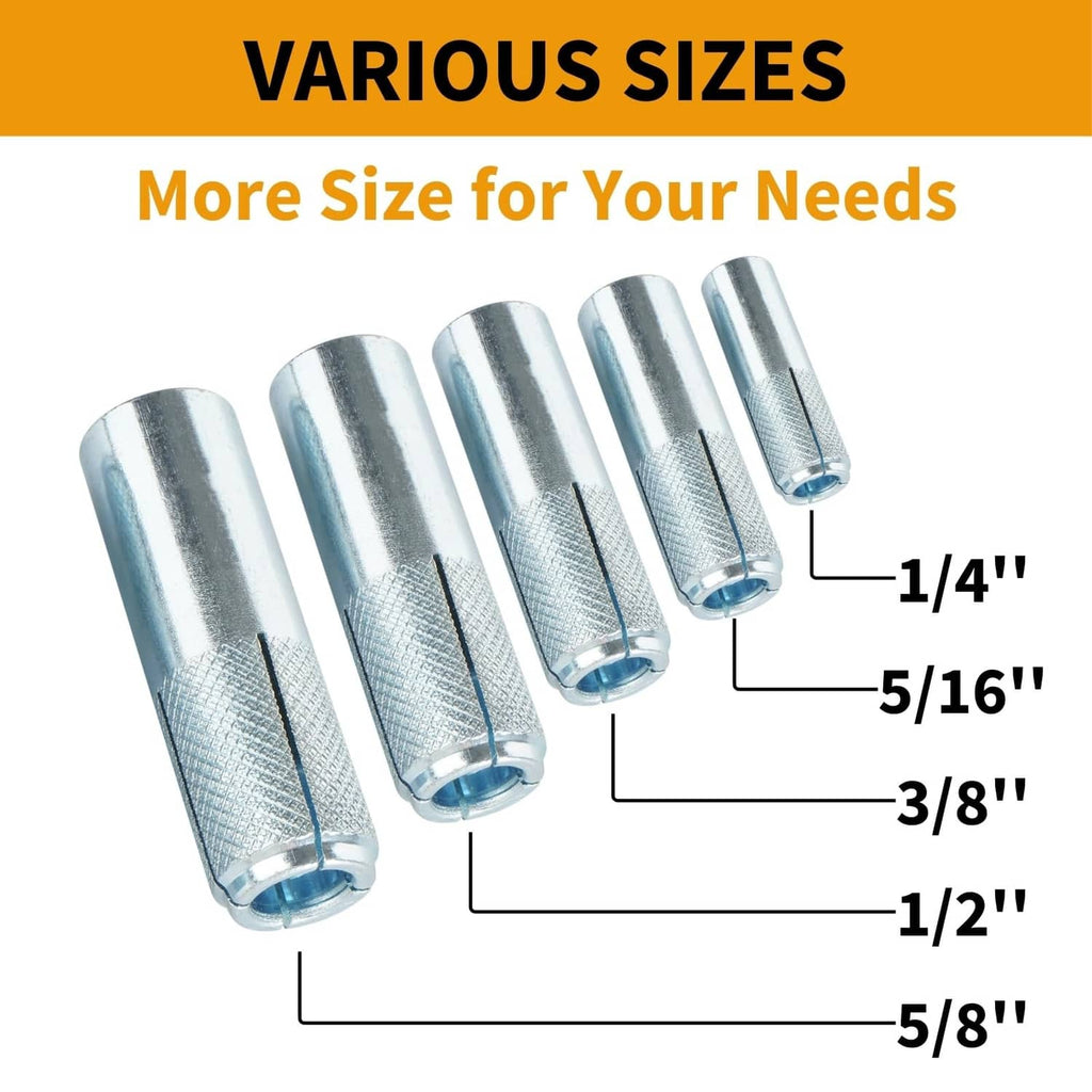 Set of drop-in concrete anchors, silver finish, various sizes shown with measurements