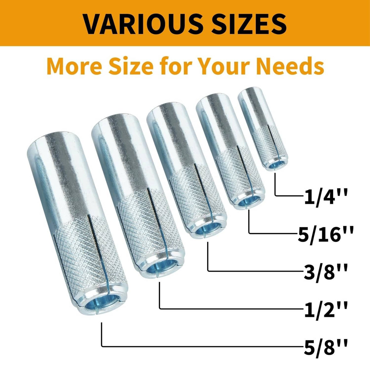 Set of drop-in concrete anchors, silver finish, various sizes shown with measurements