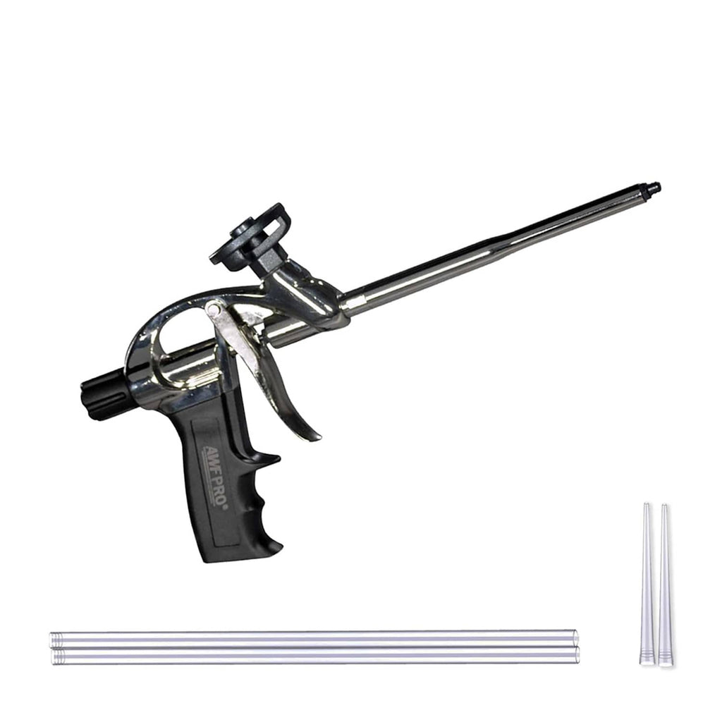 High precision spray foam gun with metal barrel, trigger, and extension straw set
