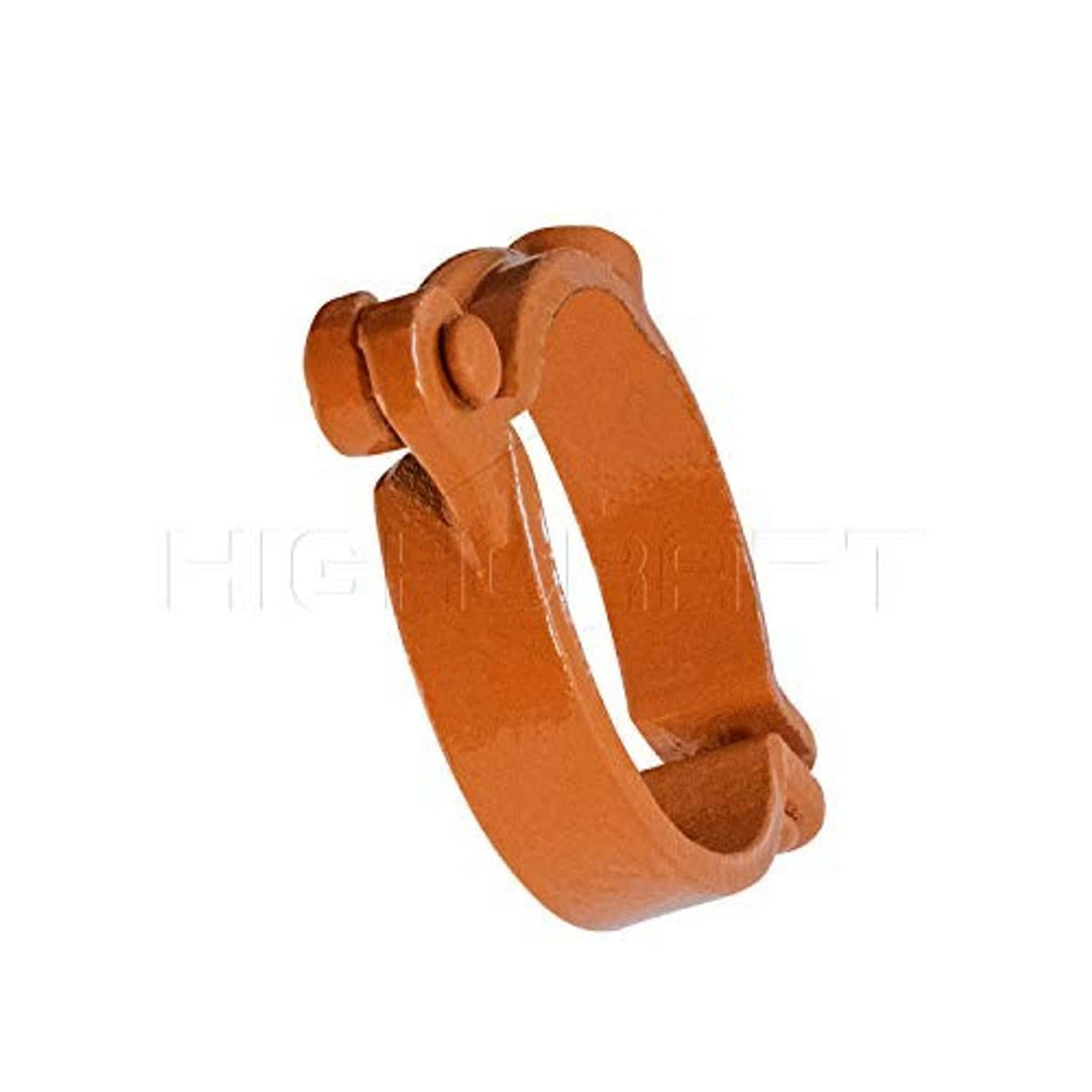 Orange hinged split ring pipe hanger, close-up side view