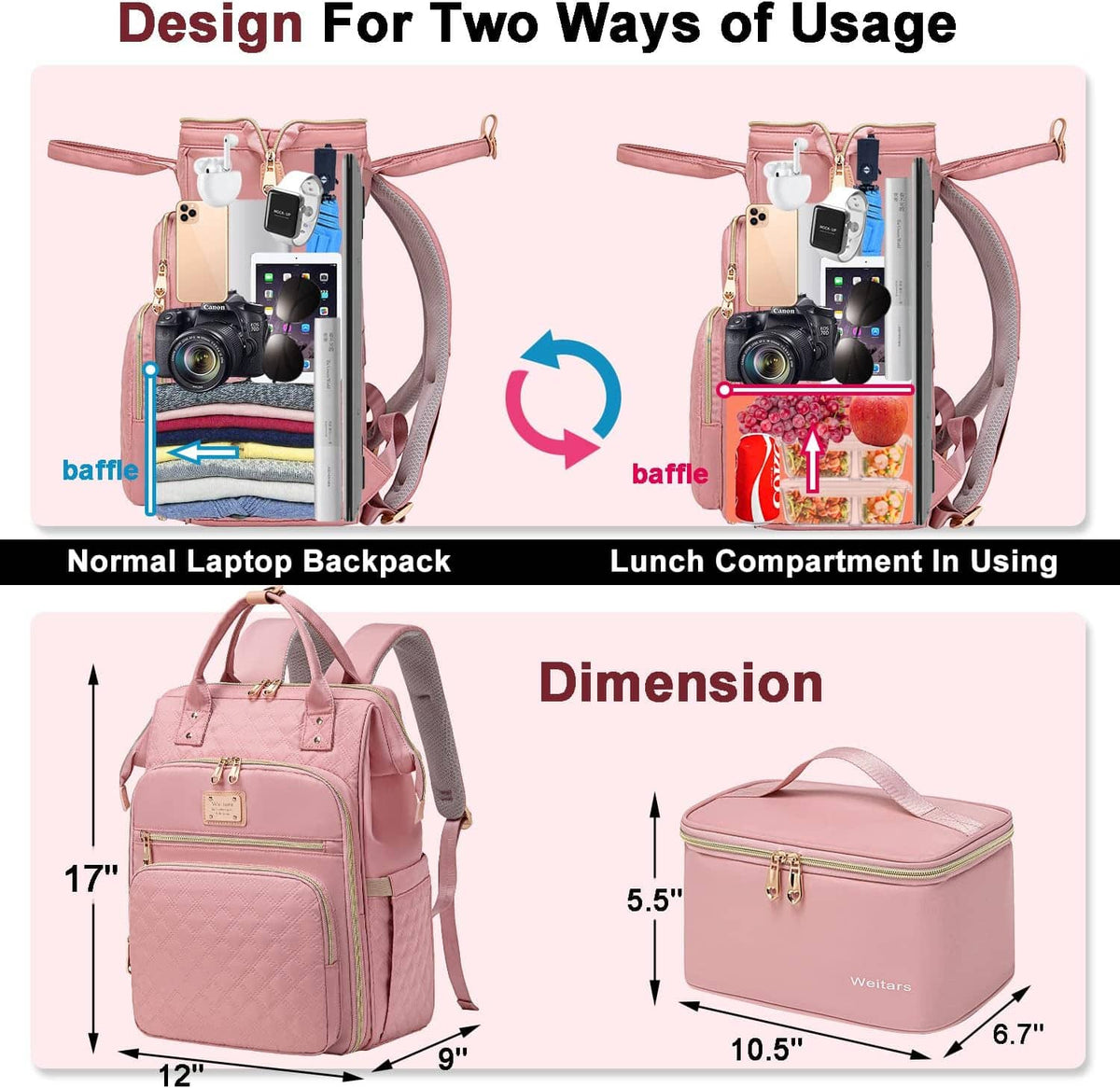 Pink lunch backpack with wide straps and lunch compartment shown in-use