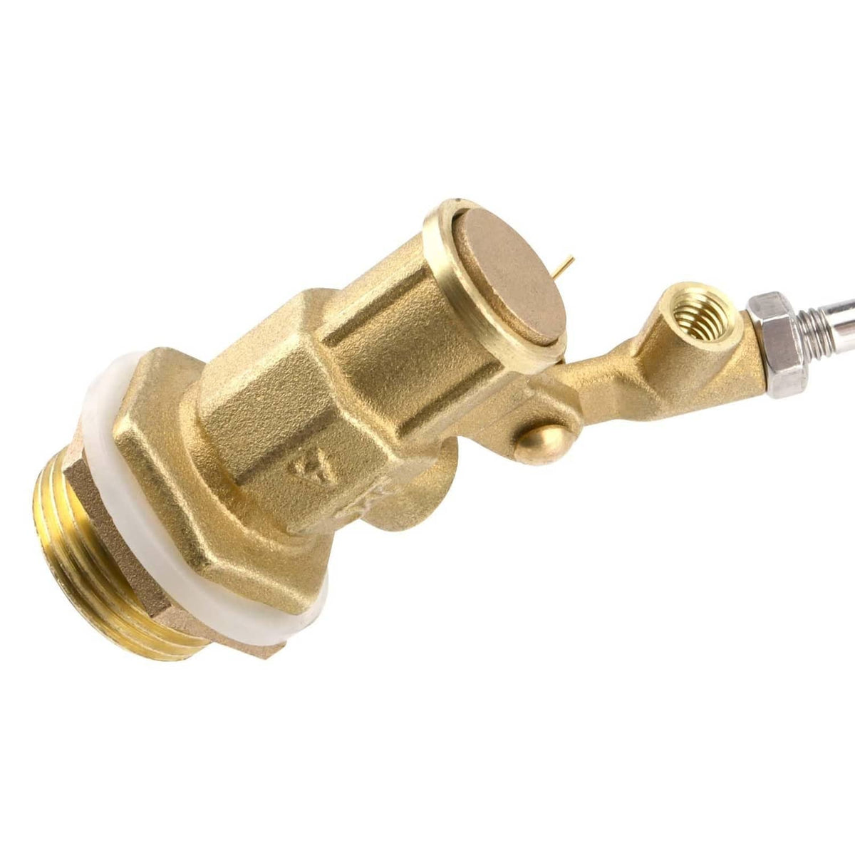 Brass ball valve body with inlet/outlet ports and float control connection