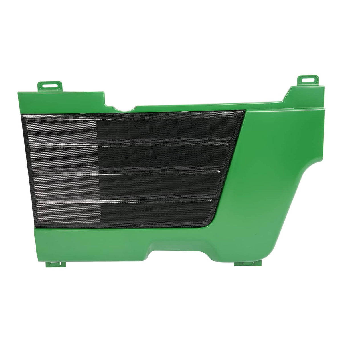 Green side panel grille with black mesh window and rectangular vented pattern