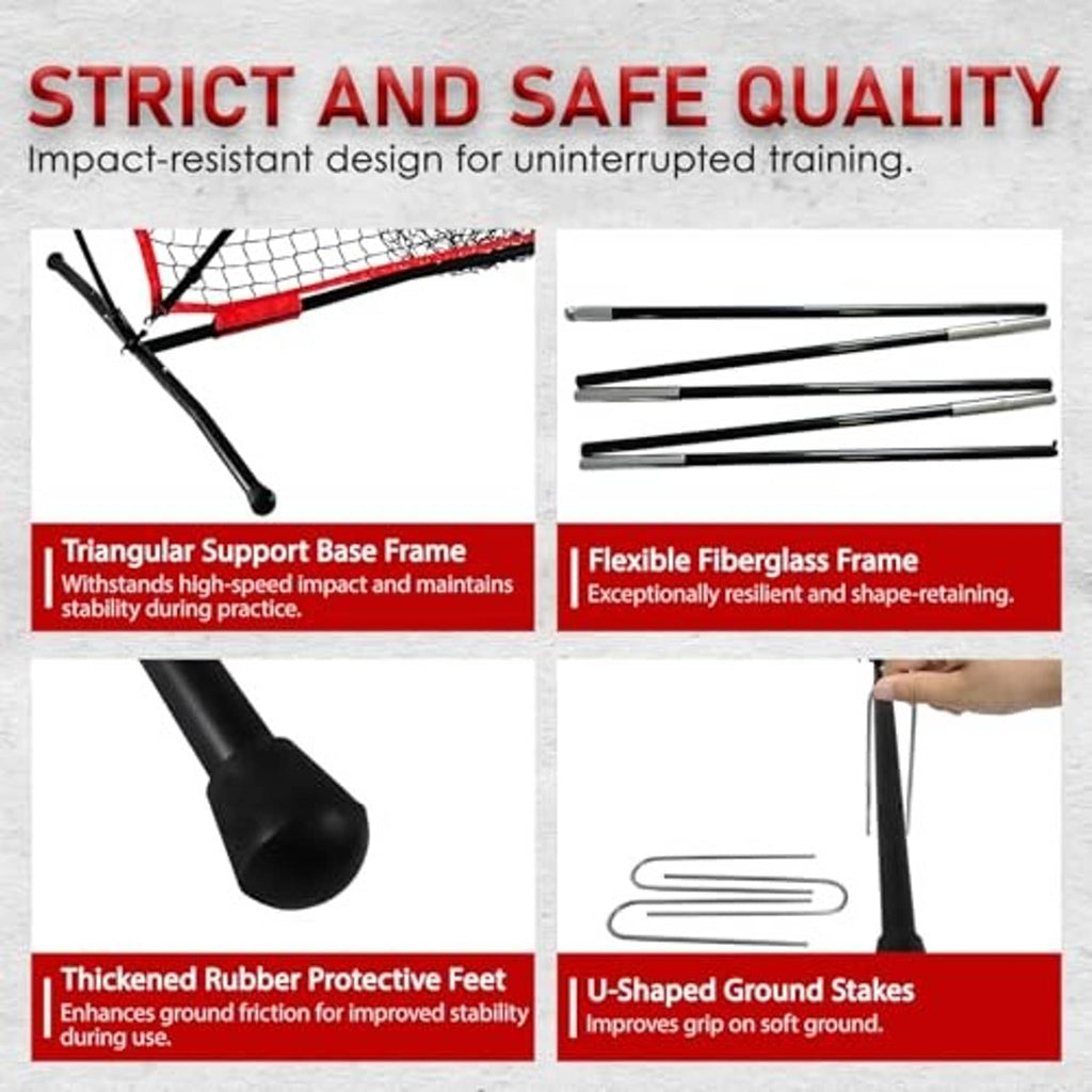 Practice net support set with triangular base frame, flexible fiberglass poles, and stakes