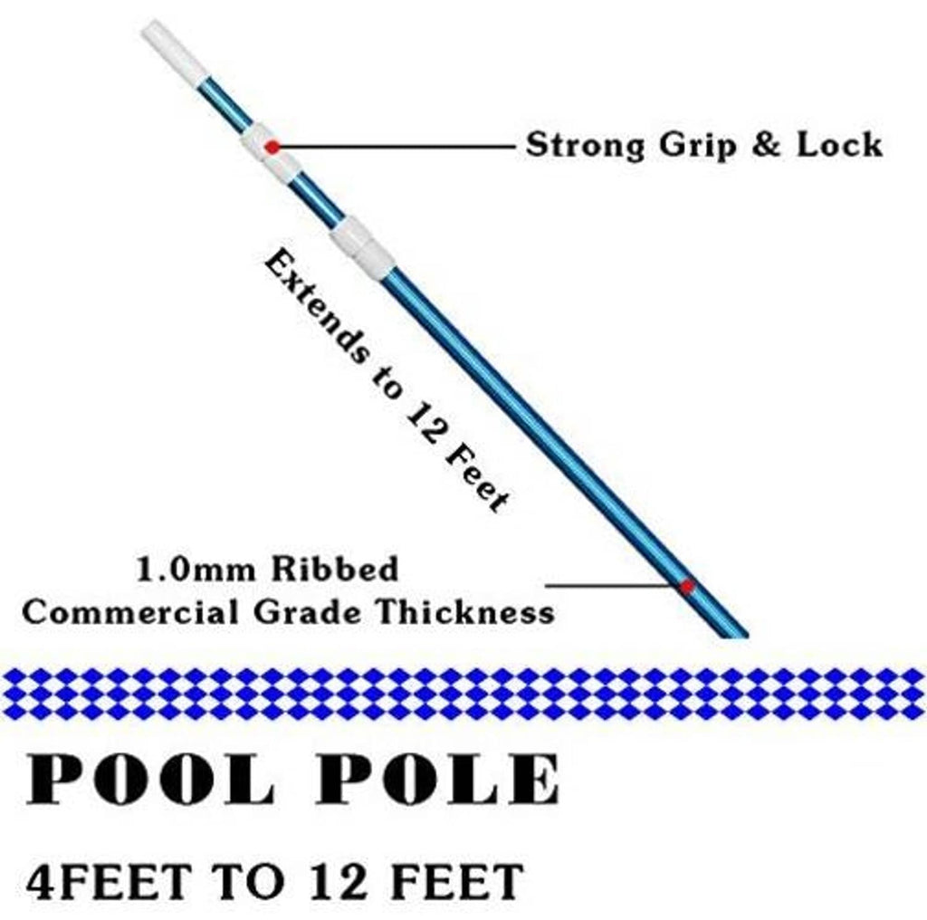 Telescopic pool pole with ribbed commercial grip and strong lock, extends to 12 ft
