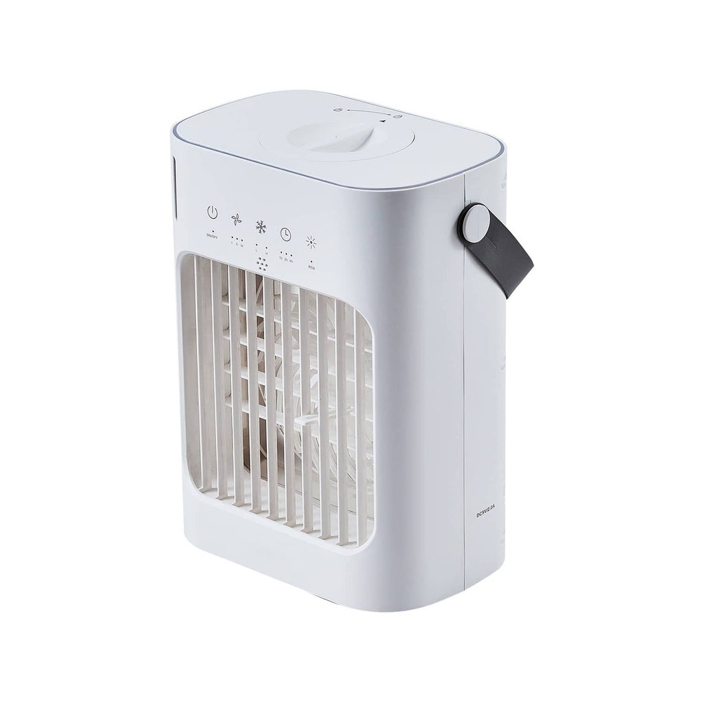 White portable air cooler with front grille, top dial controls, and side carry handle