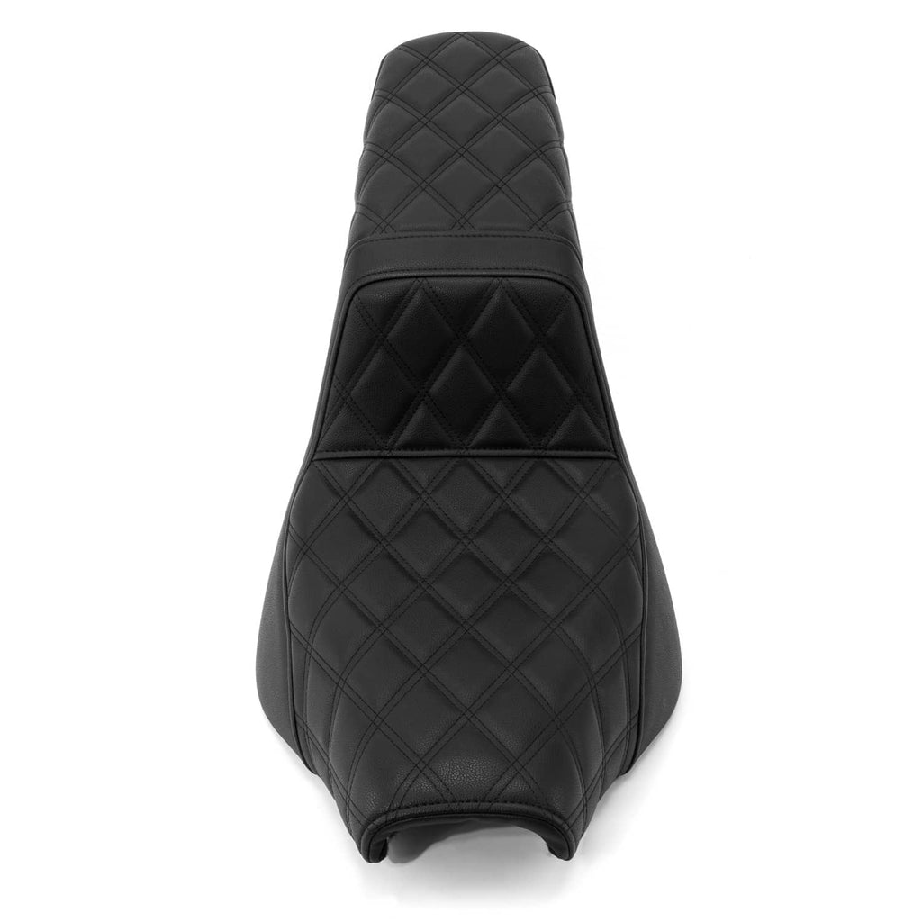 Black motorcycle seat with diamond quilted center panel and contoured edges