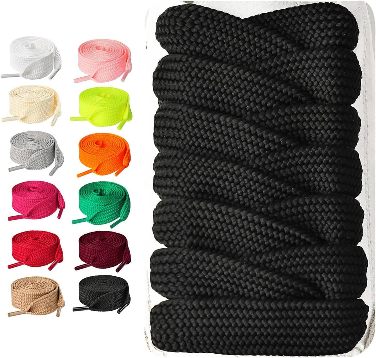 Thick black flat shoelace roll bundle with plastic aglets and color lineup