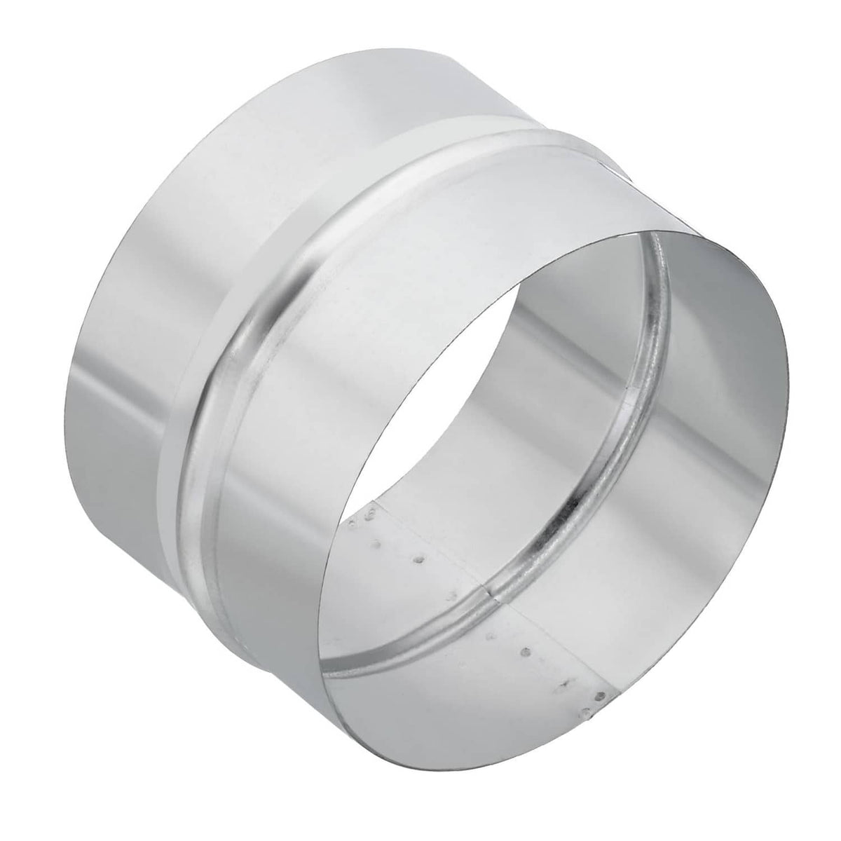 Silver-tone galvanized duct connector coupling with inner ring and open flared ends