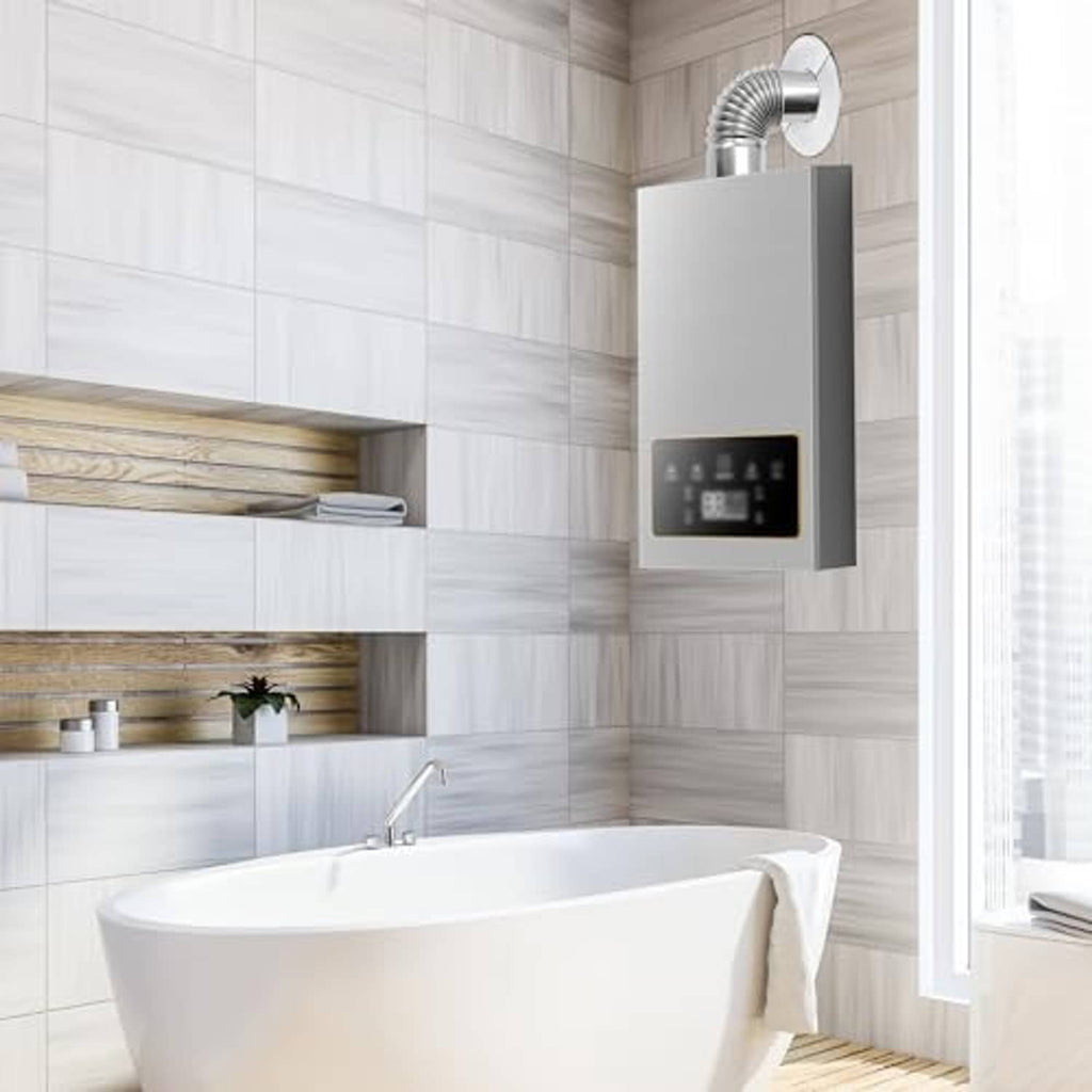 Stainless steel exhaust vent pipe routed through wall above a bathtub