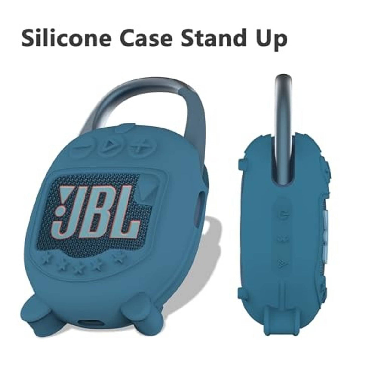 Blue JBL Clip 5 silicone case stand, with handle loop and side profile