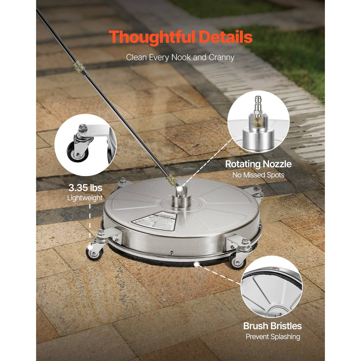 Pressure washer surface cleaner with rotating nozzle head and 4 caster wheels