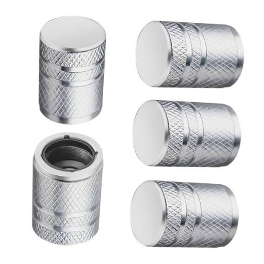 Silver metal tire valve stem caps, diamond pattern, set of 5 with plain tops