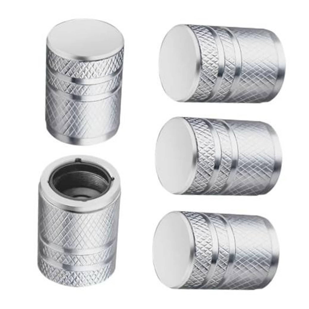 Silver metal tire valve stem caps, diamond pattern, set of 5 with plain tops