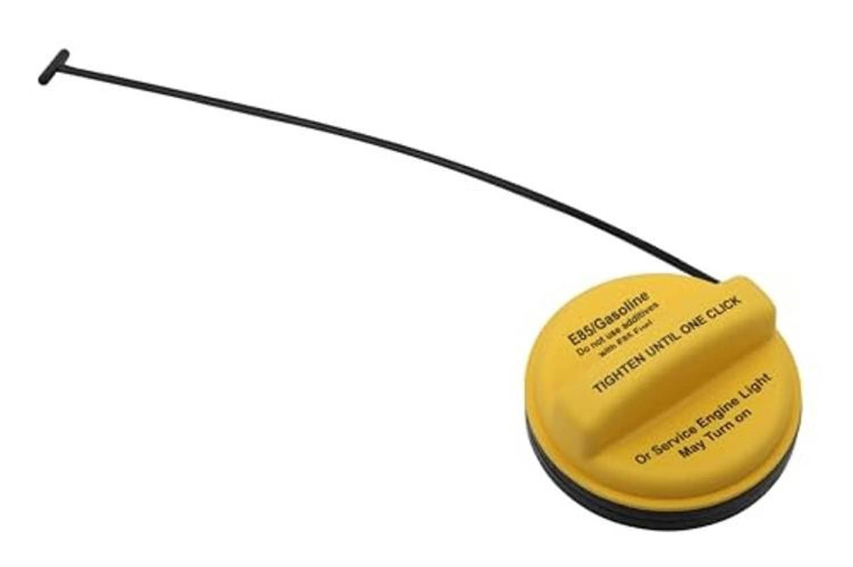 Yellow fuel tank filler cap with engraved top text