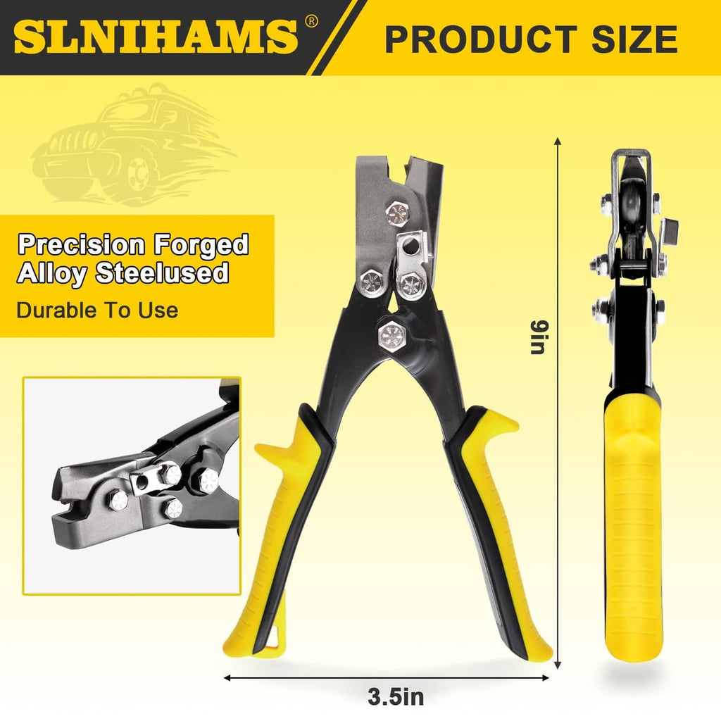 Yellow snap lock punch tool showing product size and metal punch head details