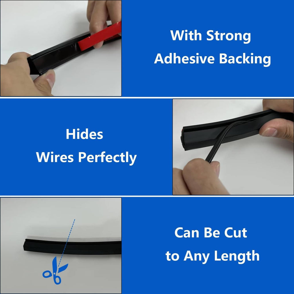 Black adhesive-backed car wire cover strip, hand pressing on the base