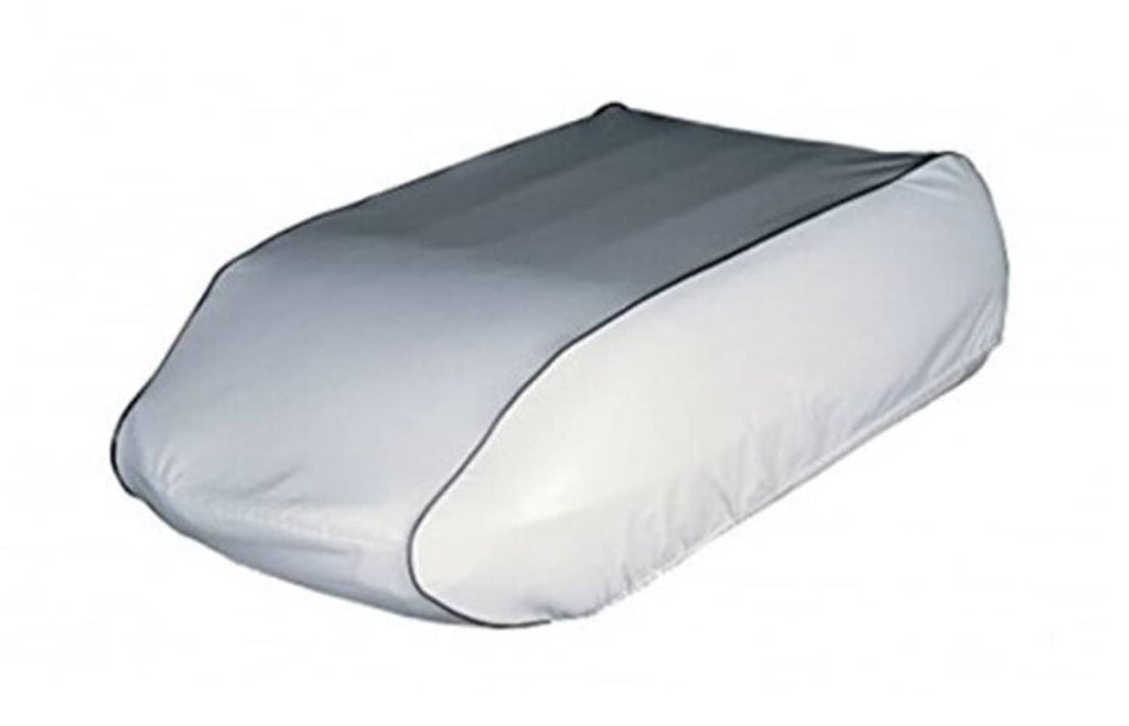 RV air conditioner cover, white with gray top panel and curved fitted shape