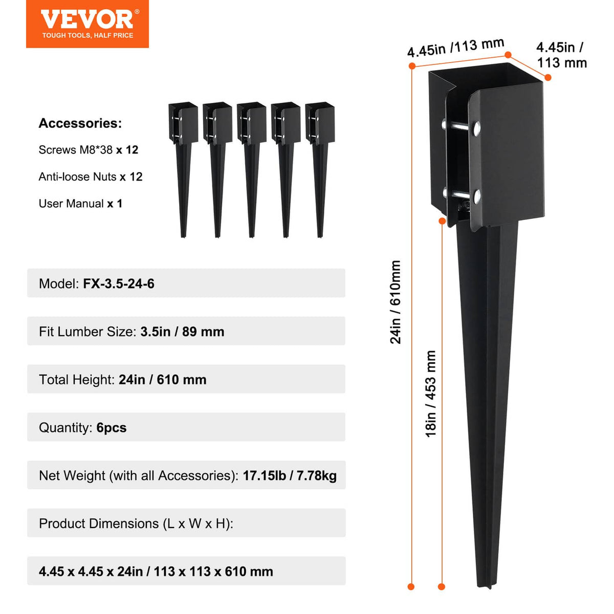 Set of black metal fence post anchor ground spikes with bracket plates